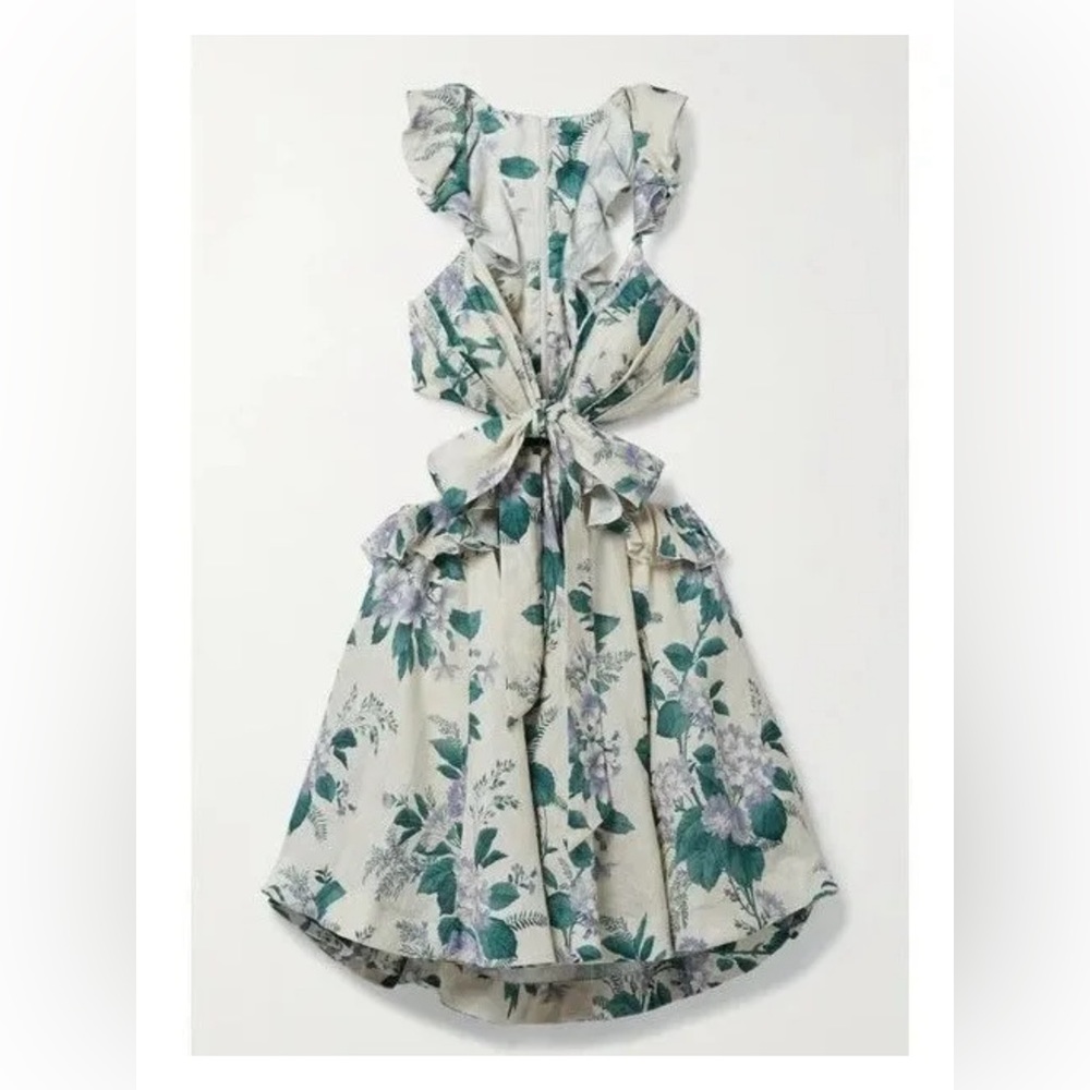 Zimmermann Cassia Ruffle Mini Dress Linen Hydrangea Floral Size Small